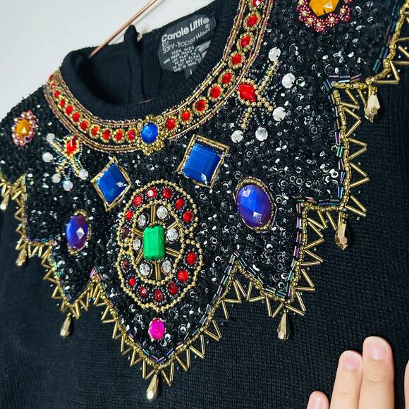 CAROLE LITTLE Vintage Jewel Embroidered 100% Black Wool Sweater Size Large - Picture 7 of 11